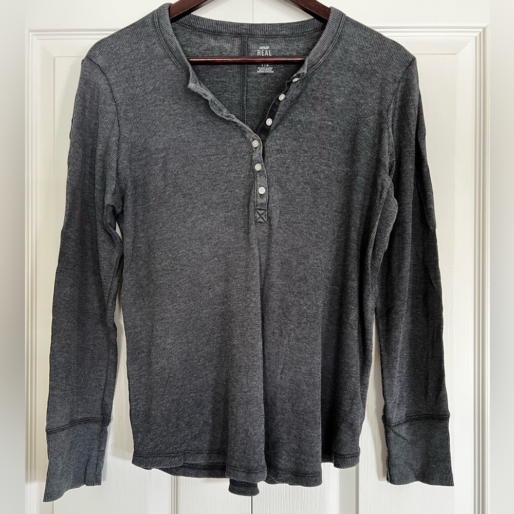 Aerie Ribble Gray Henley Long Sleeve T-Shirt